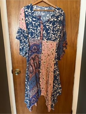 Boho Floral Patchwork Midi Dress in Blue and Pink